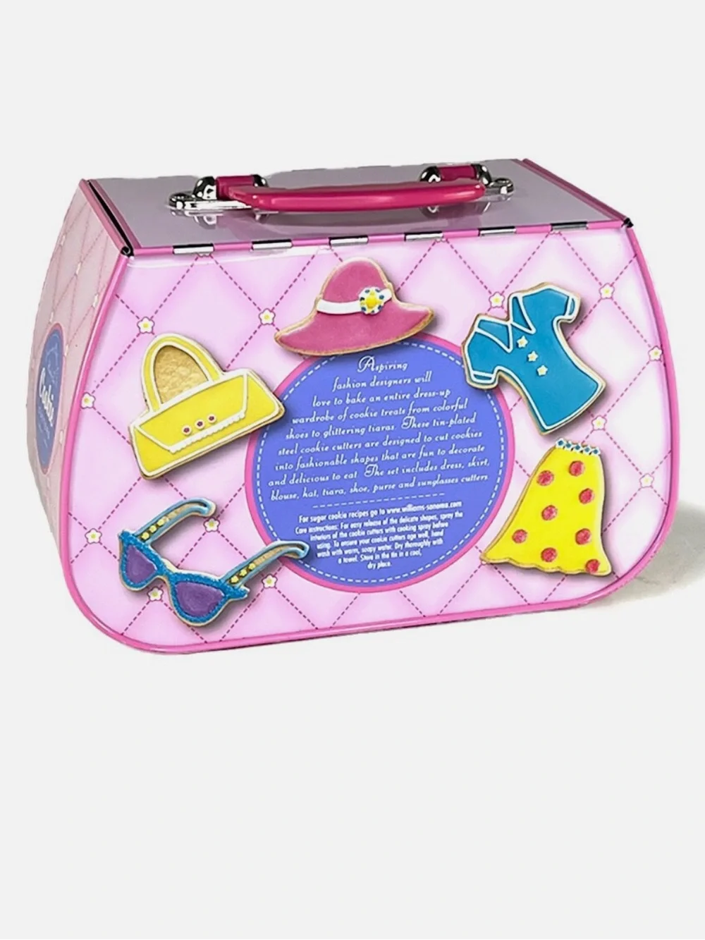 New Williams Sonoma dress up clothes cookie cutter set in pink tin purse